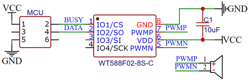 WT588F02-8S语音芯片一线串口PWM直推喇叭应用电路图
