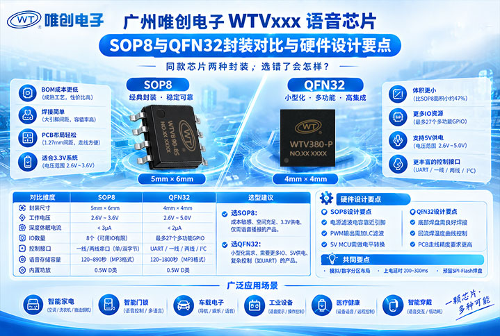 广州唯创电子WTVxxx语音芯片SOP8与QFN32封装对比与硬件设计要点：同款芯片两种封装，选错了会怎样？