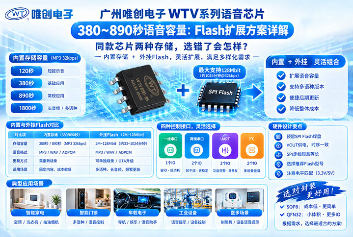 广州唯创电子WTV系列芯片380~890秒语音容量：Flash扩展方案详解怎么实现？