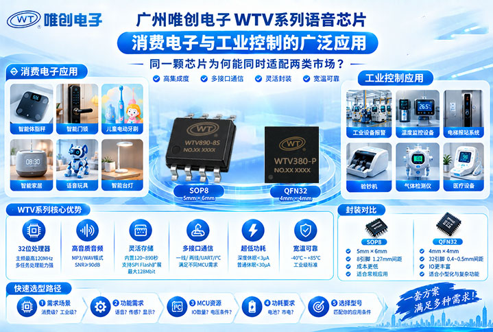 广州唯创电子WTV系列语音芯片在消费电子与工业控制中的广泛应用：同一颗芯片为何能同时适配两类市场？