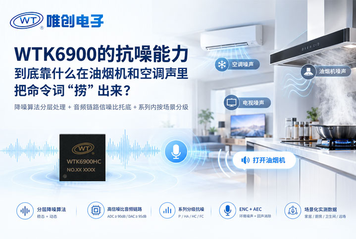 WTK6900语音控制IC的抗噪能力，到底靠什么在油烟机和空调声里把命令词“捞”出来？