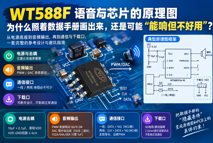 WT588F语音芯片的原理图，为什么照着数据手册画出来，还是可能“能响但不好用”？